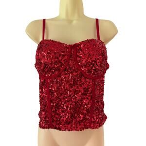 No Boundaries Red Sequin Corset Top Woman Size Large Holiday Party Sparkly